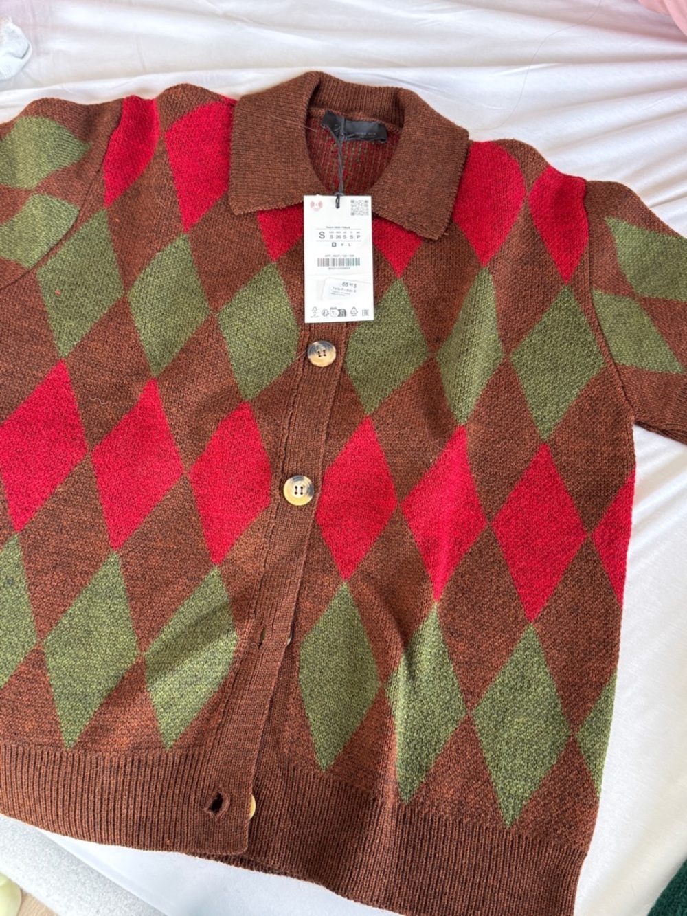 Zara Brown Argyle Cardigan with Red & Green Diamonds
